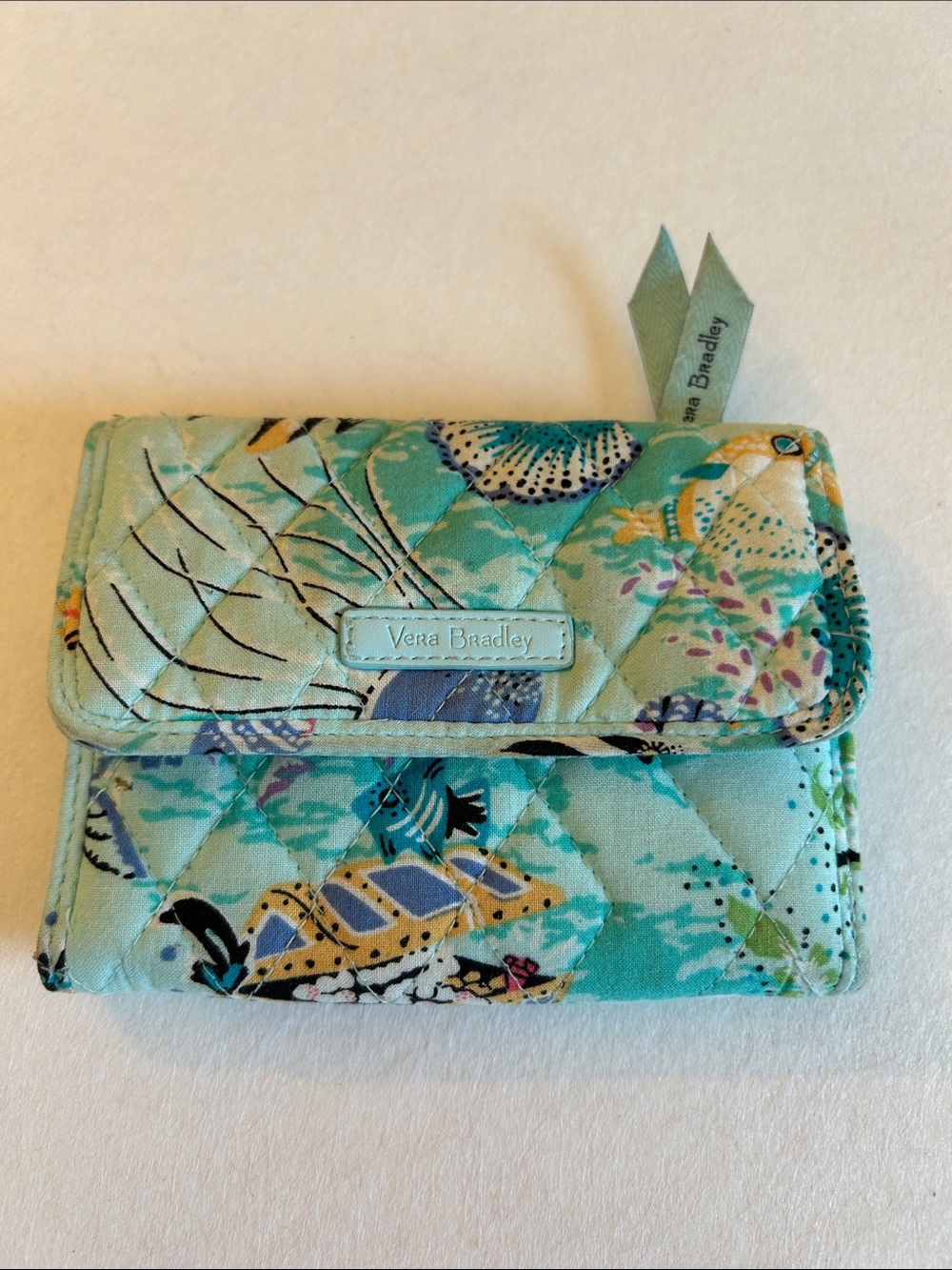 Vera Bradley Quilted Fold-Over RFUD Wallet in Aqua Sea design
